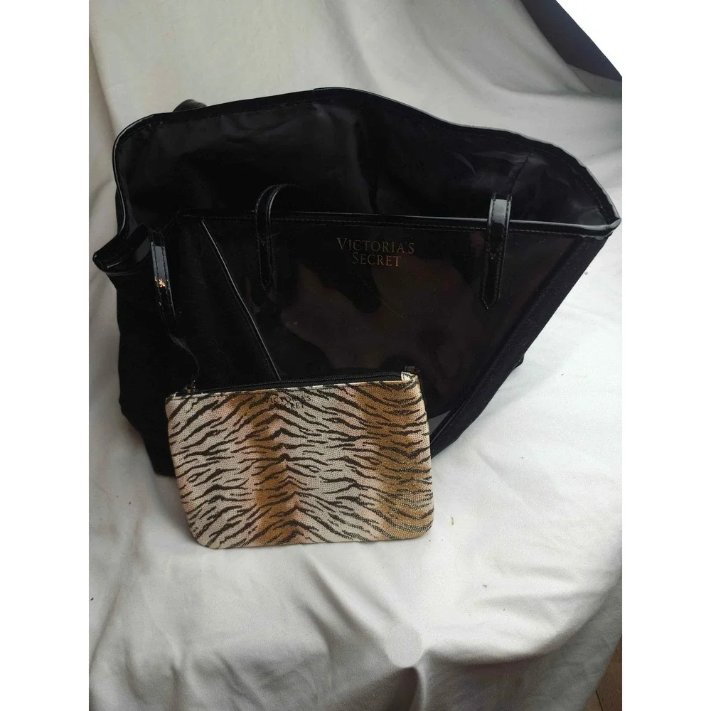 Victoria's Secret Black Canvas Clear Tote Bag with Tiger Print Pouch Set